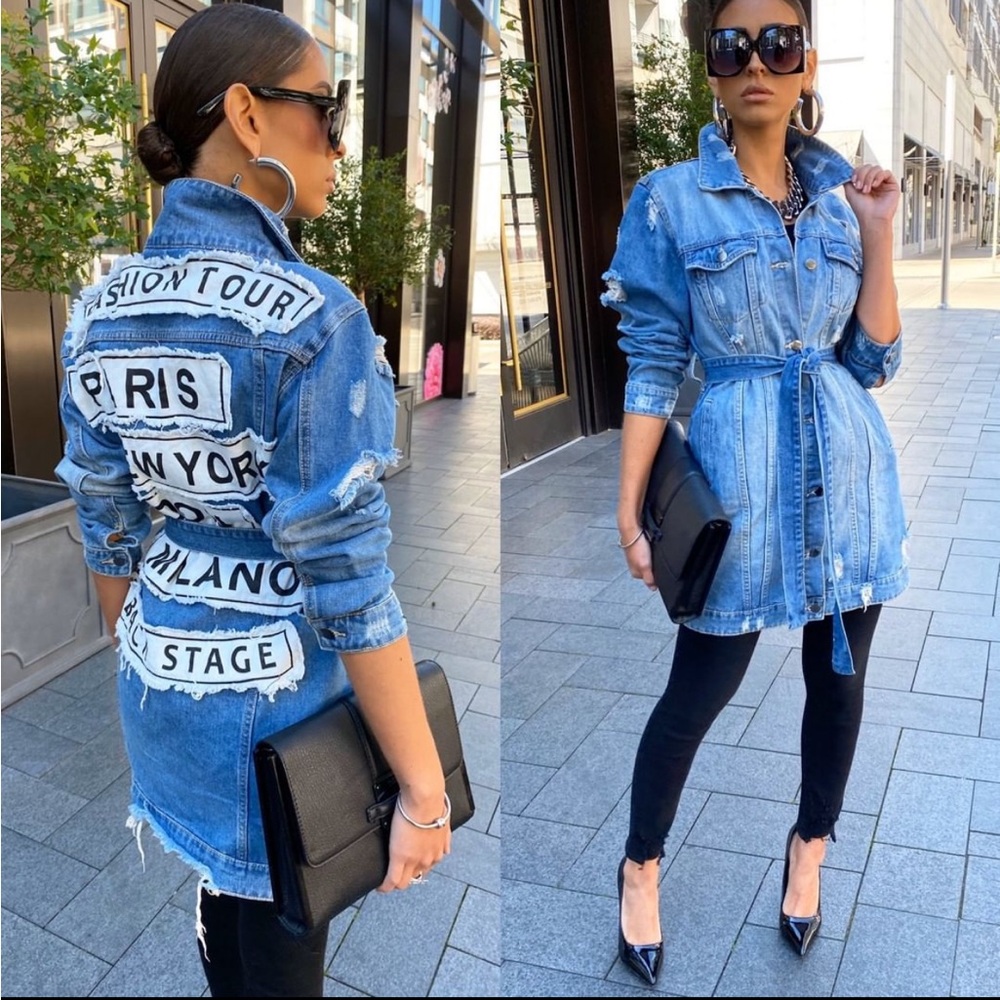 NWT Kosmios High Fashion Distressed Belted Denim Jacket w/ Belt - Small